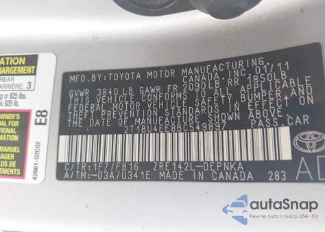 2011 Toyota Corolla Le из США, поврежденный, VIN 2T1BU4EE8BC549897